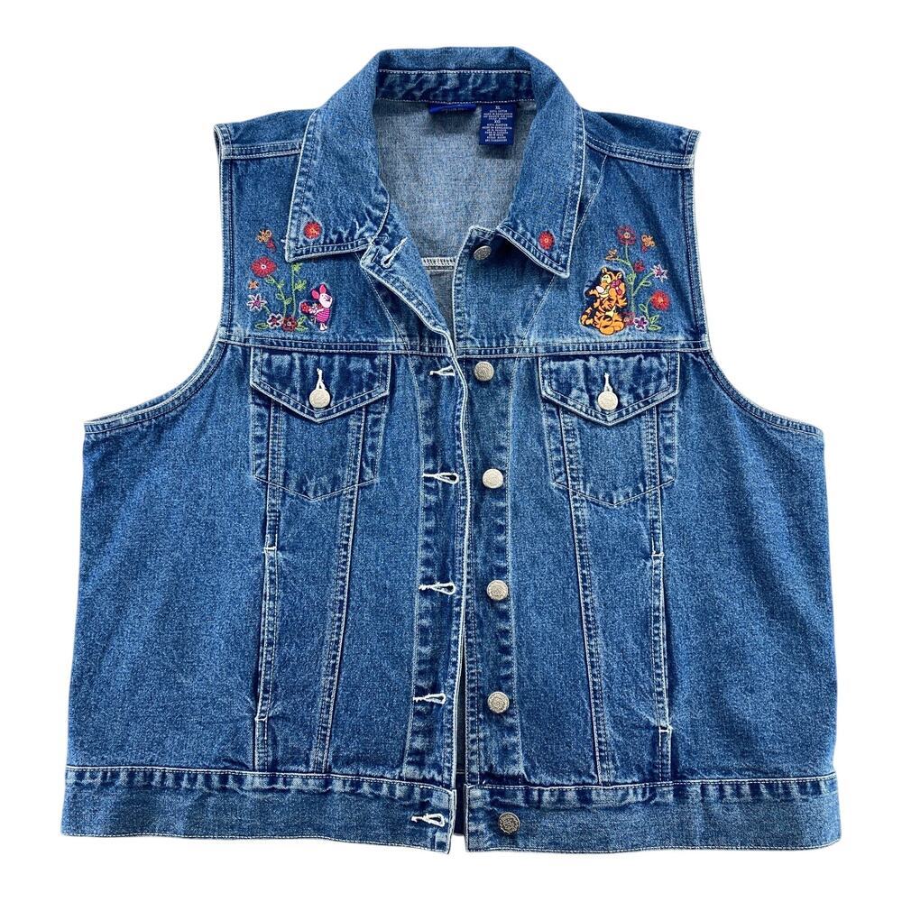 Disney Winnie Pooh Denim Vest XL Embroidered Piglet Tigger Floral Jean Jacket